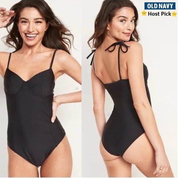 Old Navy Other - OLD NAVY One-Piece Swimsuit Tie-Shoulder Underwire UV Protection Black Sz L -NWT